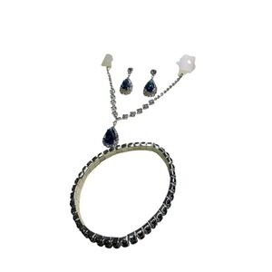 Sapphire Blue Crystal Rhinestone Jewelry Set Necklace Earrings Bracelet Silver